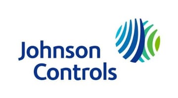 Johnson Controls logo with blue text and a globe-like icon in blue and green